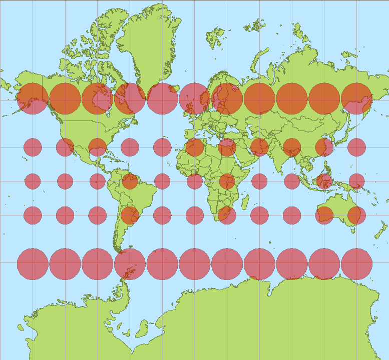 Indicatriz de Tissot en proyección Mercator. Wikimedia Commons